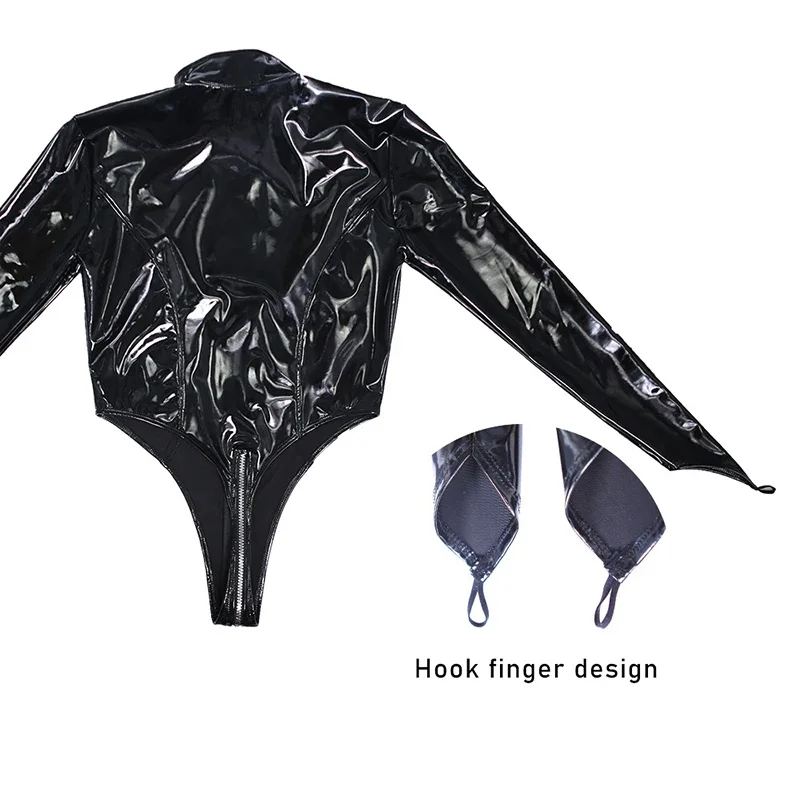 Women Sexy Shiny Patent Leather Bodysuits Ladies Long Sleeve High Neck Leotard Clubwear Latex Leather Bodycon Costume Custom