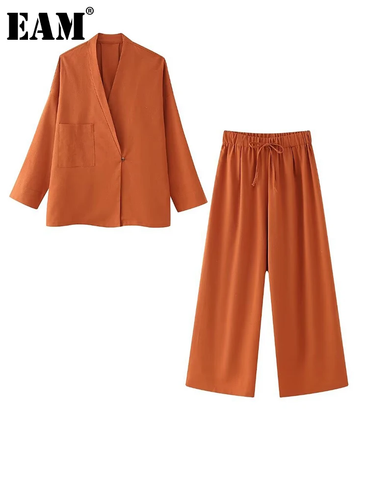 

[EAM] Оранжевый пиджак большого размера, широкие брюки, костюм из двух предметов, новый женский модный костюм с лацканами и длинными рукавами, весна-осень 2024 1DH7082