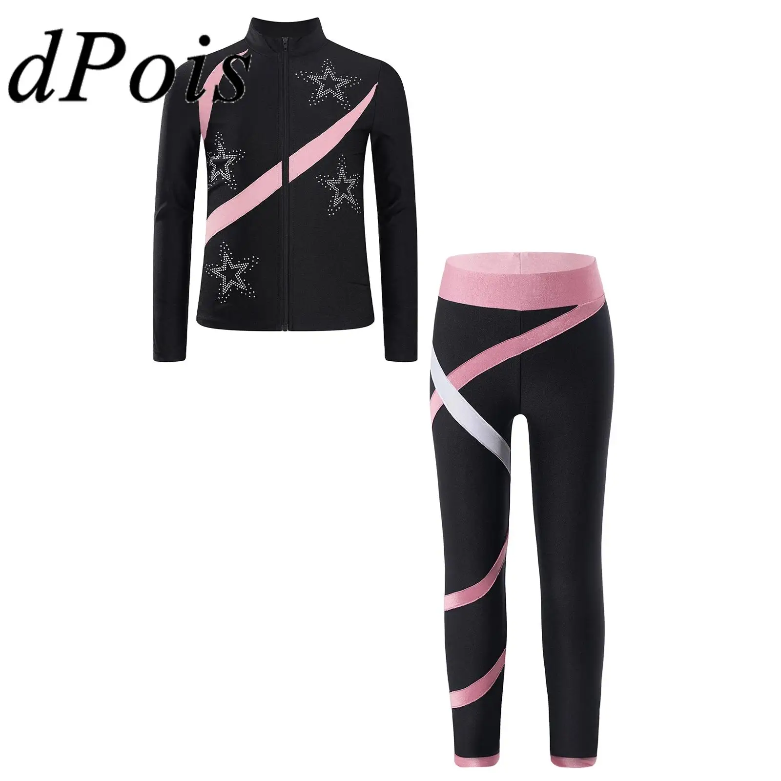 

Kids Girls Ballet Gymnastics Outfit Long Sleeve Zipper Sweatshirt with Leggings Children's Sport Suits for Workout Sportwear