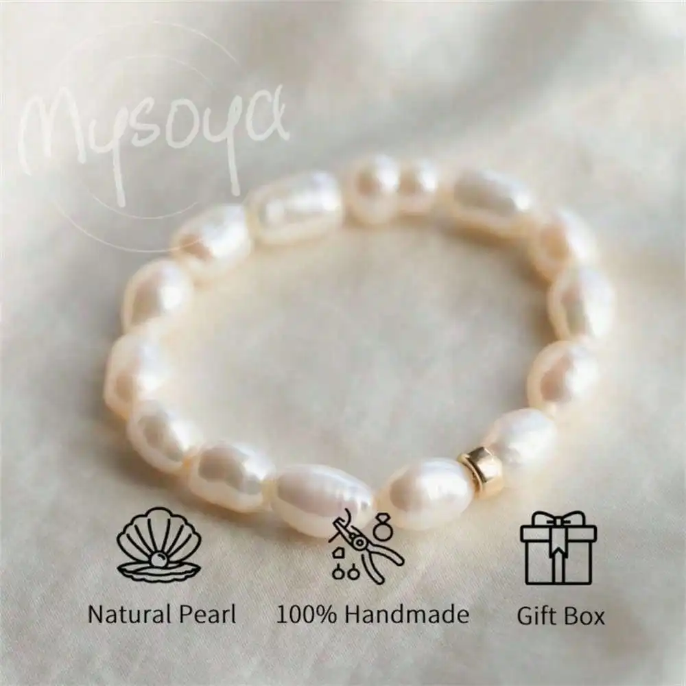 

MYSOYA White Rice-shaped Freshwater Pearl Bracelet 9-10mm Pearls Gift Box Anniversary Gift Gift for Girlfriend/Boyfriend