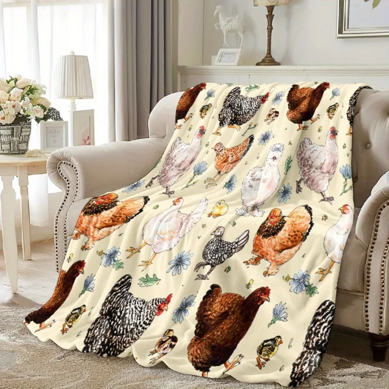 Gemütliche Decke mit Aquarell-Huhn- und Blumendruck – weicher, warmer Flanellüberwurf für Nickerchen, Camping, Reisen und Heimdekoration