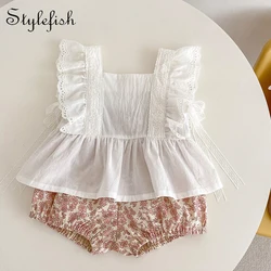 Ins Summer New Baby Cotton lace Flying Sleeve Cute Top+Versatile Little Flower Super Shorts Girl's Favorite Set Versatile