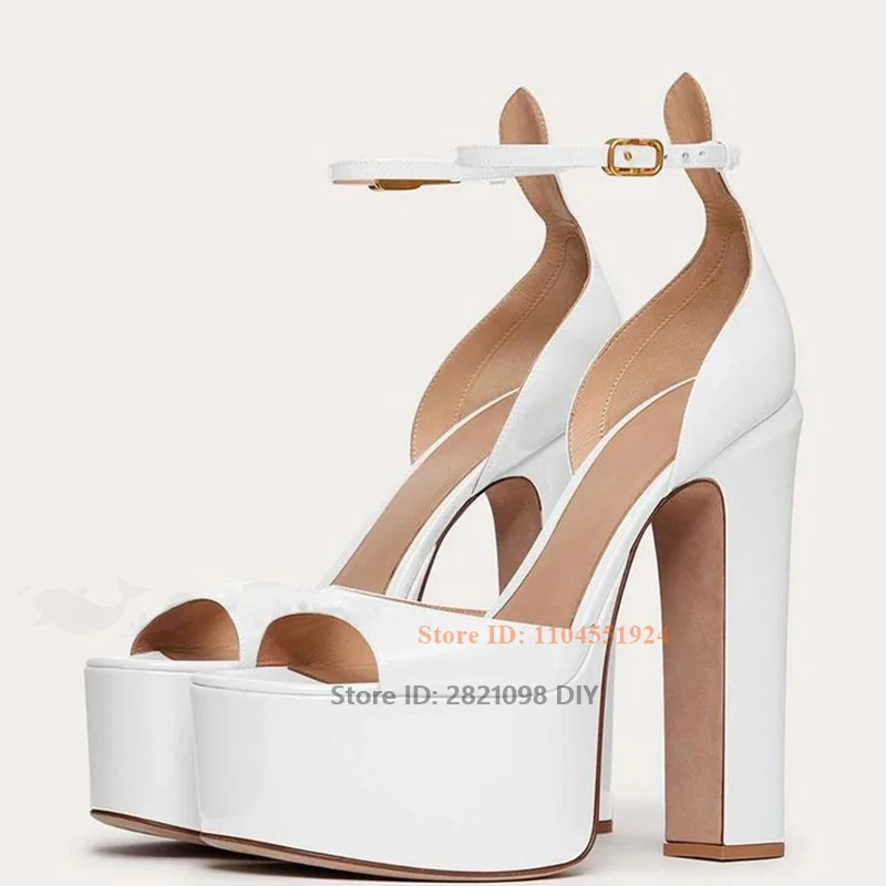 

Lackleder Beige Patent Leather High Heel Sandals 155Mm Heeled Women Thick Platform Fashion Open Toe Ankle Wrap Summer Shoes