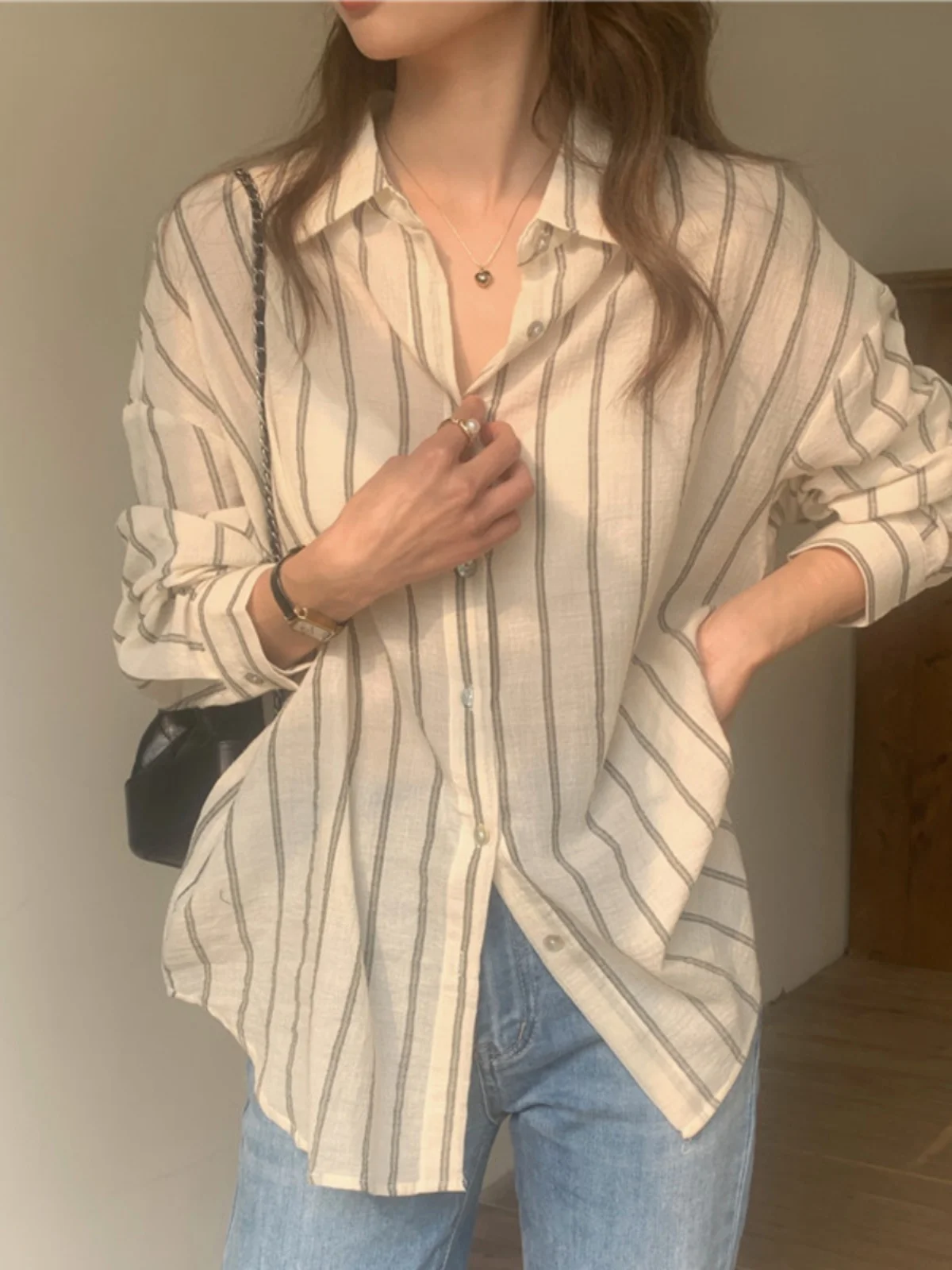 Frühling Sommer Streifen irt Frauen Lange Sve Dünne Sonnenschutz Kragen Basis Top Koreanische Sle Lose Fit Taste Detail