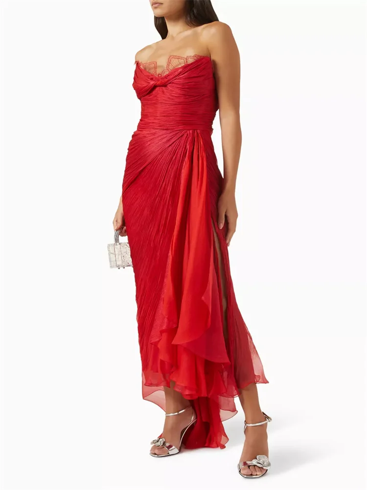 Customized Lace Ruffled Bustier Midi Dress Sleeveless Bandeau Bust Lace Trimmed Pintucked Chiffon Draped Lace-Up Evening Gown