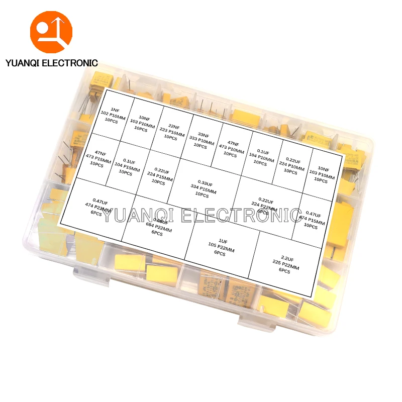 160pcs Polypropylene Film X2 Safety Capacitor Assorted Kit 275VAC 18Values 102K - 225K 1NF - 2.2UF Sample Set