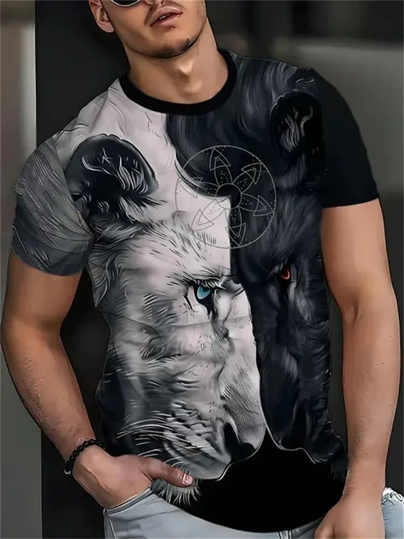 Herren Yin-Yang-Löwen-Print T-Shirt Lässiges O-Neck Kurzarm-Shirt Schwarz-Weiß Grafik-Oberteil für Casual und Edgy Outfits