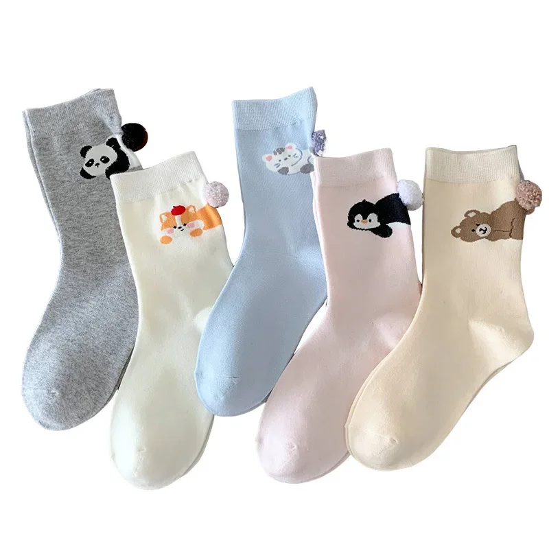 

1/5 pairs of cartoon animal socks for women cute solid color versatile panda simple comfortable casual mid tube socks