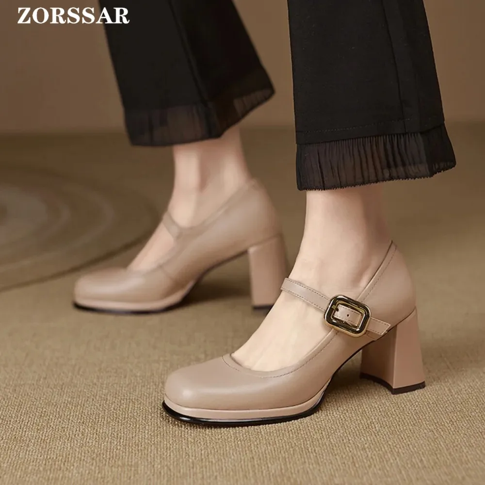 White Mary Jane Women Pumps Thick High Heels Shoes Female Lolita Square Toe Shoes Spring Fashion Office Lady Shoes Party Leather