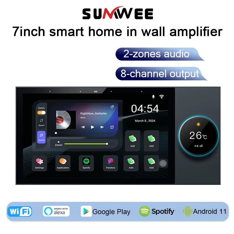 Amplificador de áudio para casa inteligente, amplificador de parede, 2 zonas, volume, efeitos sonoros, regula o sistema andriod 11, leitor de música de fundo, tela sensível ao toque