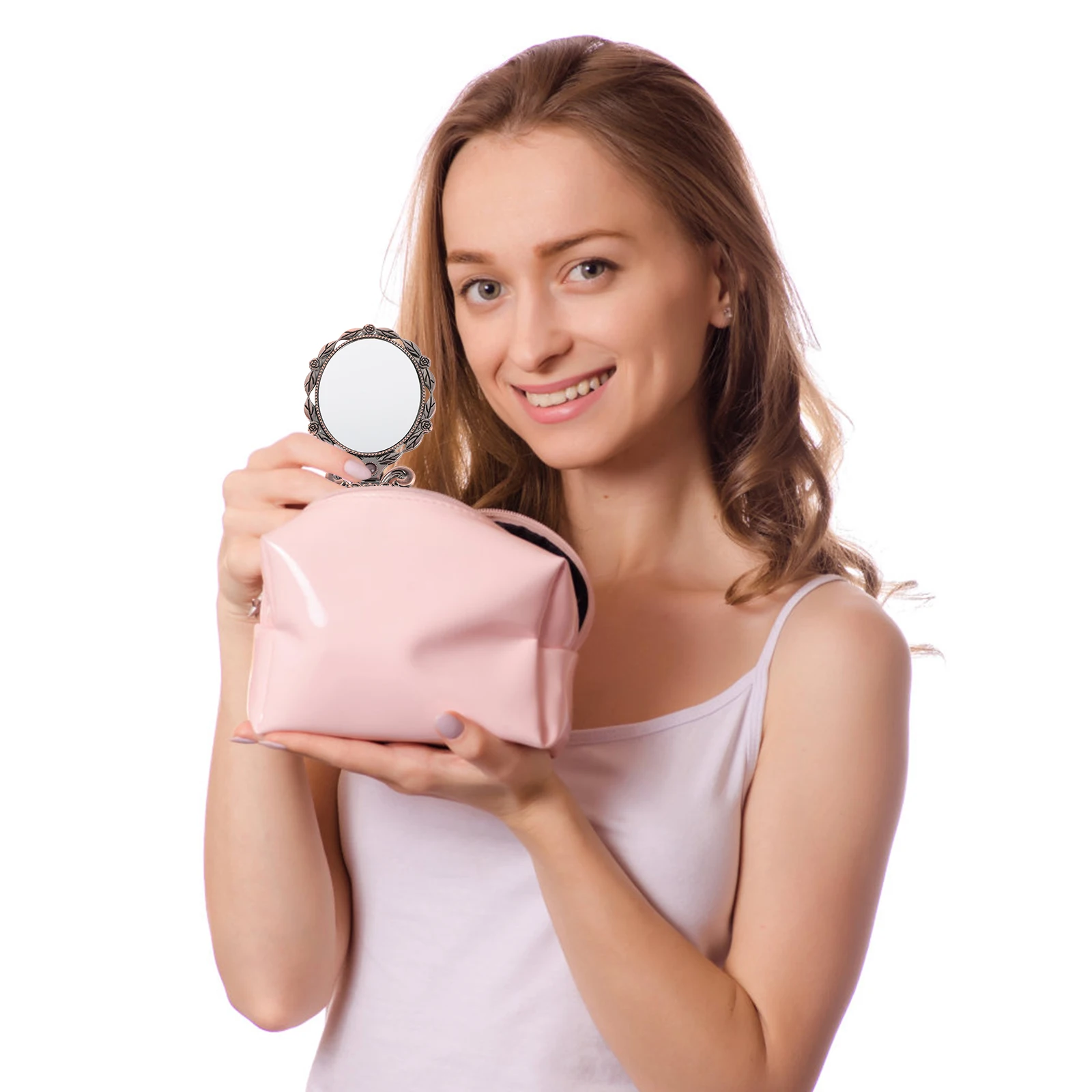 ヴィンテージヨーロピアンスタイル折りたたみ式ハンドルミラー、携帯用メタルハンドヘルドメイクアップミラー（女性用）、クリアな反射、バニティアクセサリー