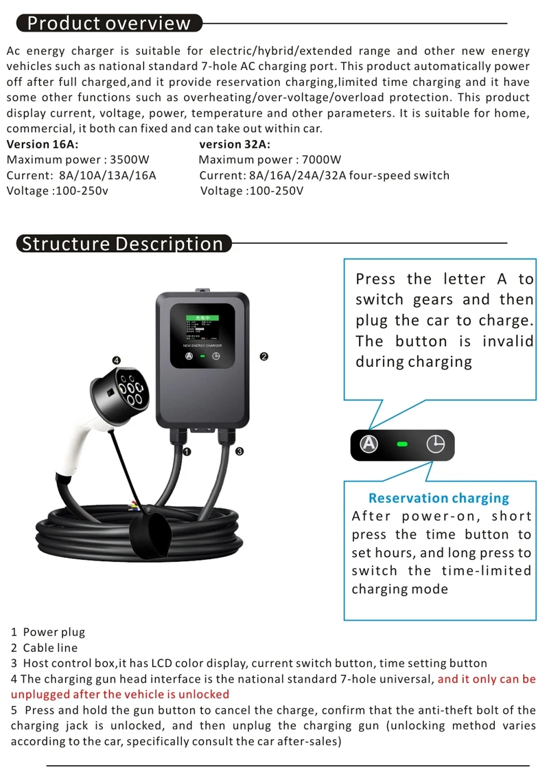 EV Wallbox 5M/10M 7KW 32A สถานีชาร์จรถบ้าน EV Wallbox ไฟฟ้ารถ EV Wallbox 5M สายหน้าจอสี