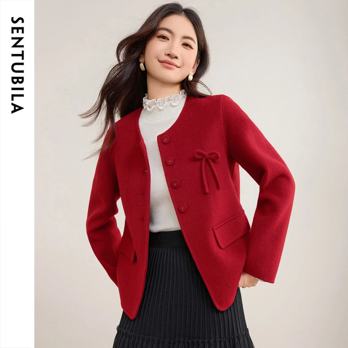 SENTUBILA Women's Double Faced Coat 100% Wool Winter Chinese Style Knot Design O-Neck Elegant Casual Soft Outerwear W54OF8762