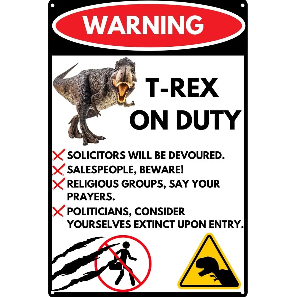 Metallisign Funny No Soliciting Sign For House, Metal Tin Size 8 x 12 Inches, T-Rex On Duty Home Sign Wall Decor, Made In U sign