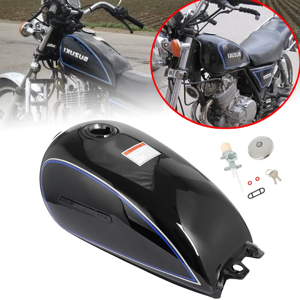 

For Suzuki GN125 Durable Vintage Motorcycle Fuel Tank With Keys 9L/2.4Gal Cover Black Metal Motorbike Gas Tank