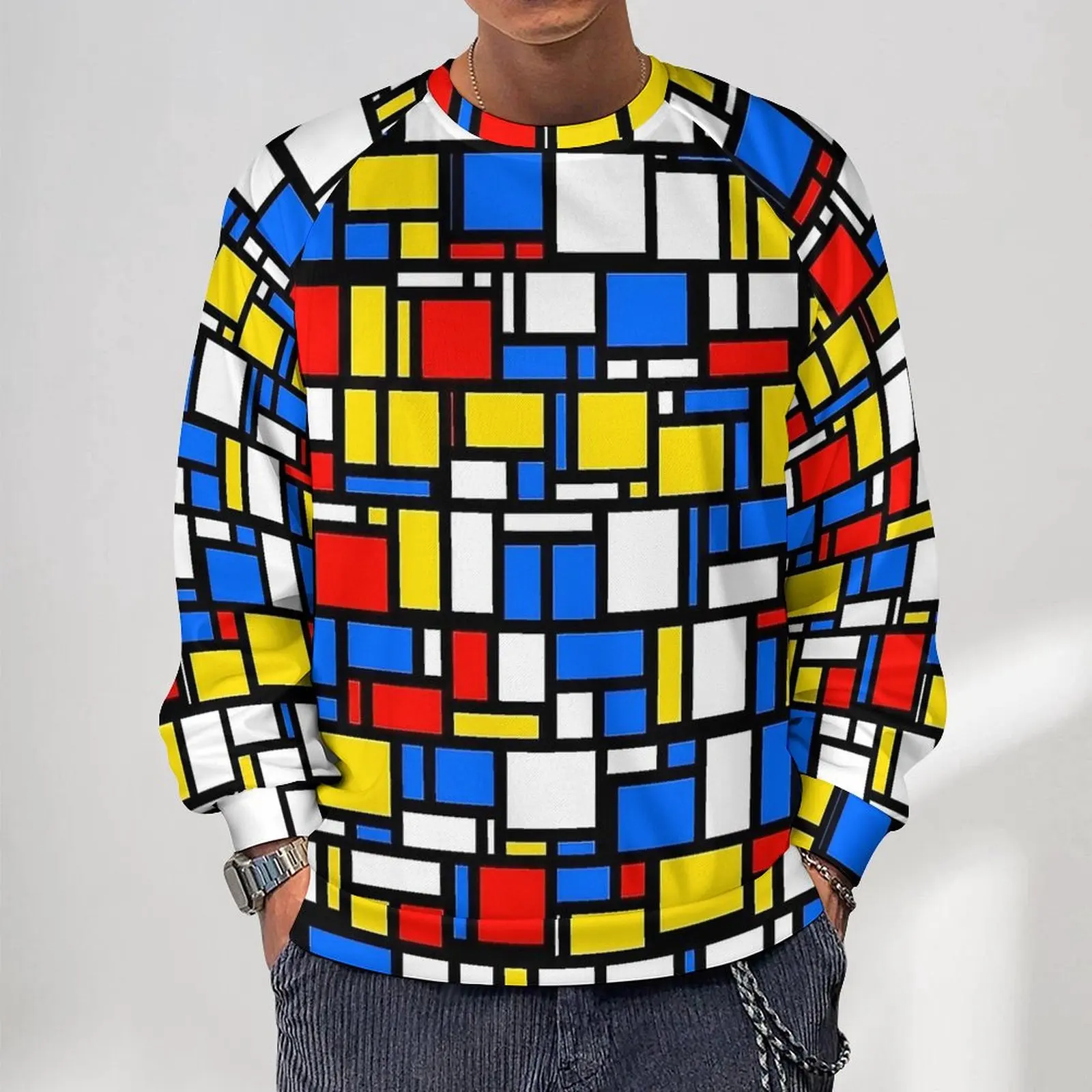 

Mondrian Style Casual Hoodies Men Checkerboard Modern Hoodie Winter Streetwear Design Sweatshirts Oversize Clothes