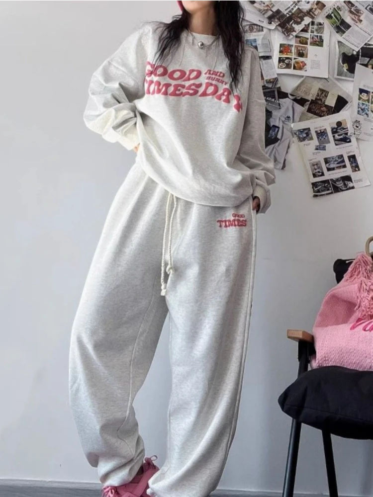 Two Pieces Set Casual Sports Grunge Hip Hop O Neck Sweatshirts + Fashion Y2k Letter Embroidery Streetwear Women Loose Sweatpants