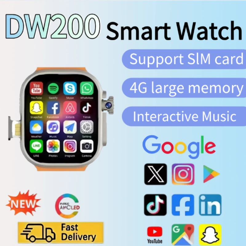 Network Smartwatch DW200 SIM Card Rotating Camera Android 9.0 Bluetooth GPS Positioning Play Store Global Version HD Smart Watch