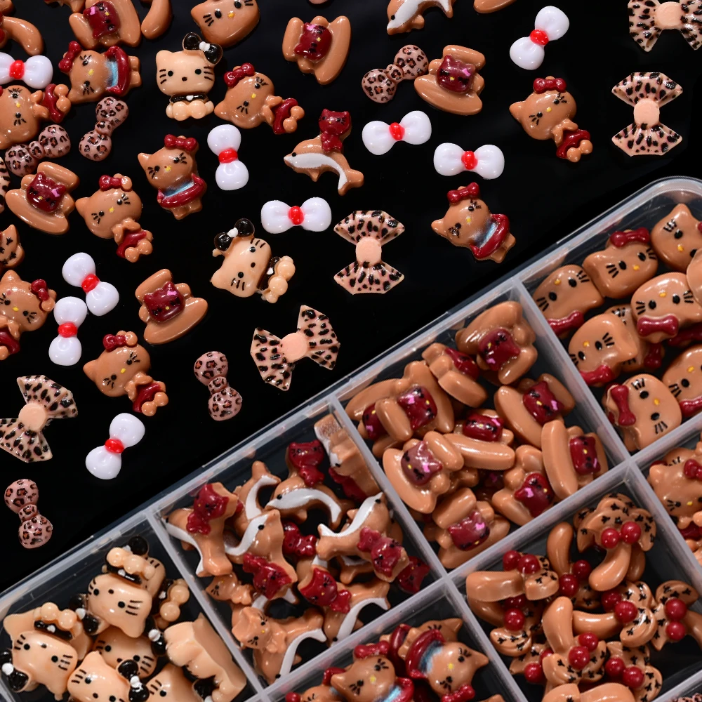 12 rasters herfst luipaard Hello Kitty nagelbedels 3D schattig luipaardprint strik Kitty kat cartoon nagelonderdelen hars DIY nagel december