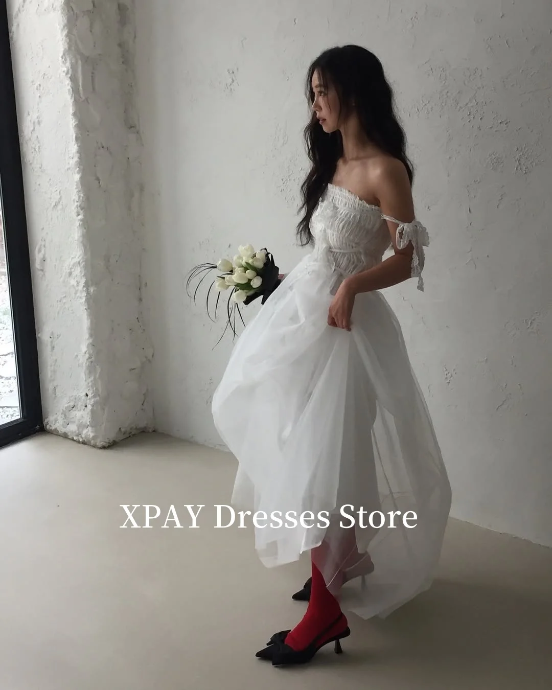 XPAY  Elegant Soft Tulle Wedding Dreses Korea Photo shoot Off Shoulder Pleats Floor length Bridal Gowns Corset Back Customized image 2