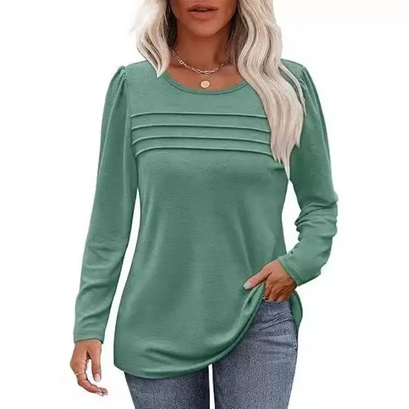 Lady Casual Rose Red Pullover T-shirt 2024 Autumn Solid Color Loose Round Neck Pleated Long Sleeved Top Women Blusas Femininas