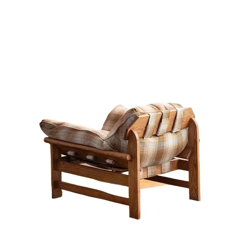 Medieval retro solid wood fabric single sofa small apartment living room designer lazy sofa