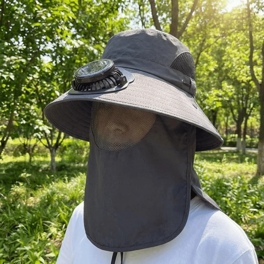 Portable Solar Rechargeable Fan Hat Adjustable Long-lasting Fishing Sun Shading Hat with Face Cover 1000mA Wide Brim Fan Hat