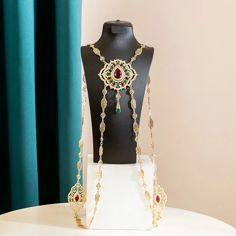 Accessories Gold Plated Moroccan Bride Wedding Body Shoulder Chain Water Drop Crystal Back image 2