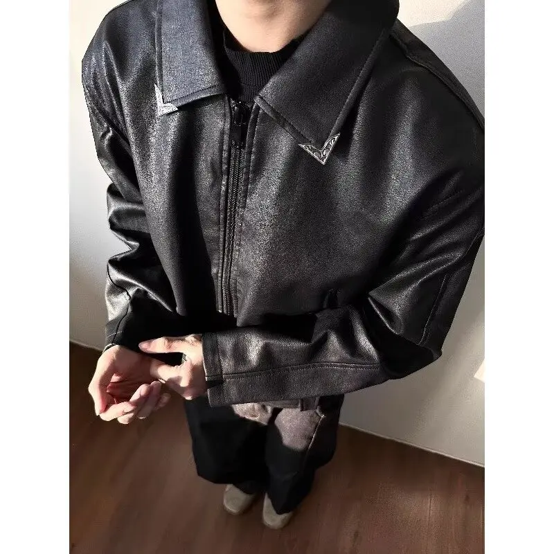 

Винтажное мужское байкерское джато из искусственной кожи на молнии в американском стиле, повседневное пальто, хипстерское пальто Haome, весенне-осенняя корейская версия, верхняя одежда