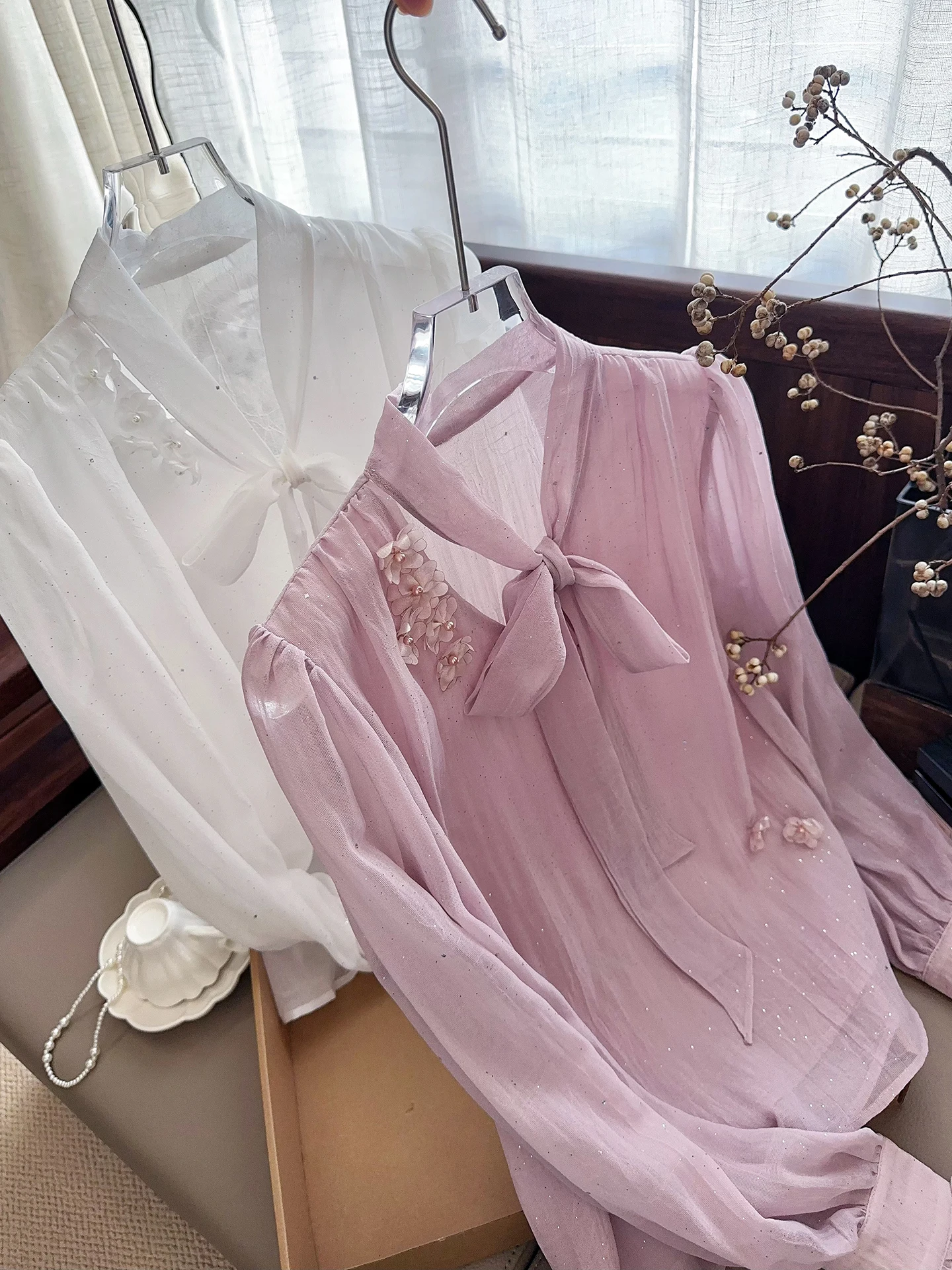 

Романтическая шифоновая блузка с длинным рукавом и узлом, приталенный топ для женщин, весенняя новинка, модная женская блузка