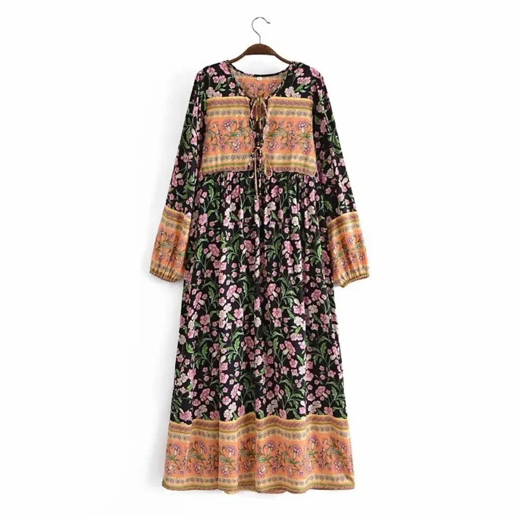 レディース ヴィンテージ コットン プリント ドレス ウィッシュ ルーズ ボヘミアン ロング レースアップ スタイル