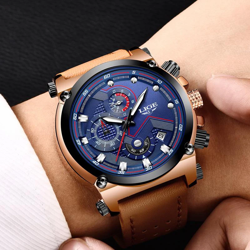 LIGE Mens Watch Top Brand Luxury Quartz Wristwatch Military Watches Men Casual Leather Waterproof Sport Clock Relogios Masculino