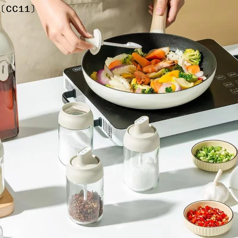 250ML Oil Bottle Moisture-proof With Lid Spoon Pepper Jar Salt Shaker Multi-purpose Combination Glass Seasoning Bottle〔CC11〕