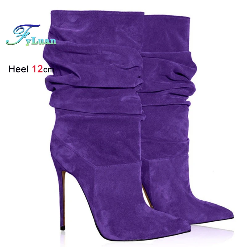 

2025 Spring Purple Women Mid Calf Boots Stretch Suede Pleated Pointed Toe Thin High Heels 12cm Slip On Stacked Boots Dress Shoes