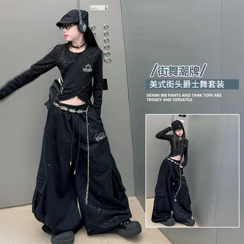 

Teenager Hip Hop Dance Clothes Long Sleeves Pants 2Pieces Street Outfit Girls Jazz Performance Dance Wearing Ages 4-14 Years