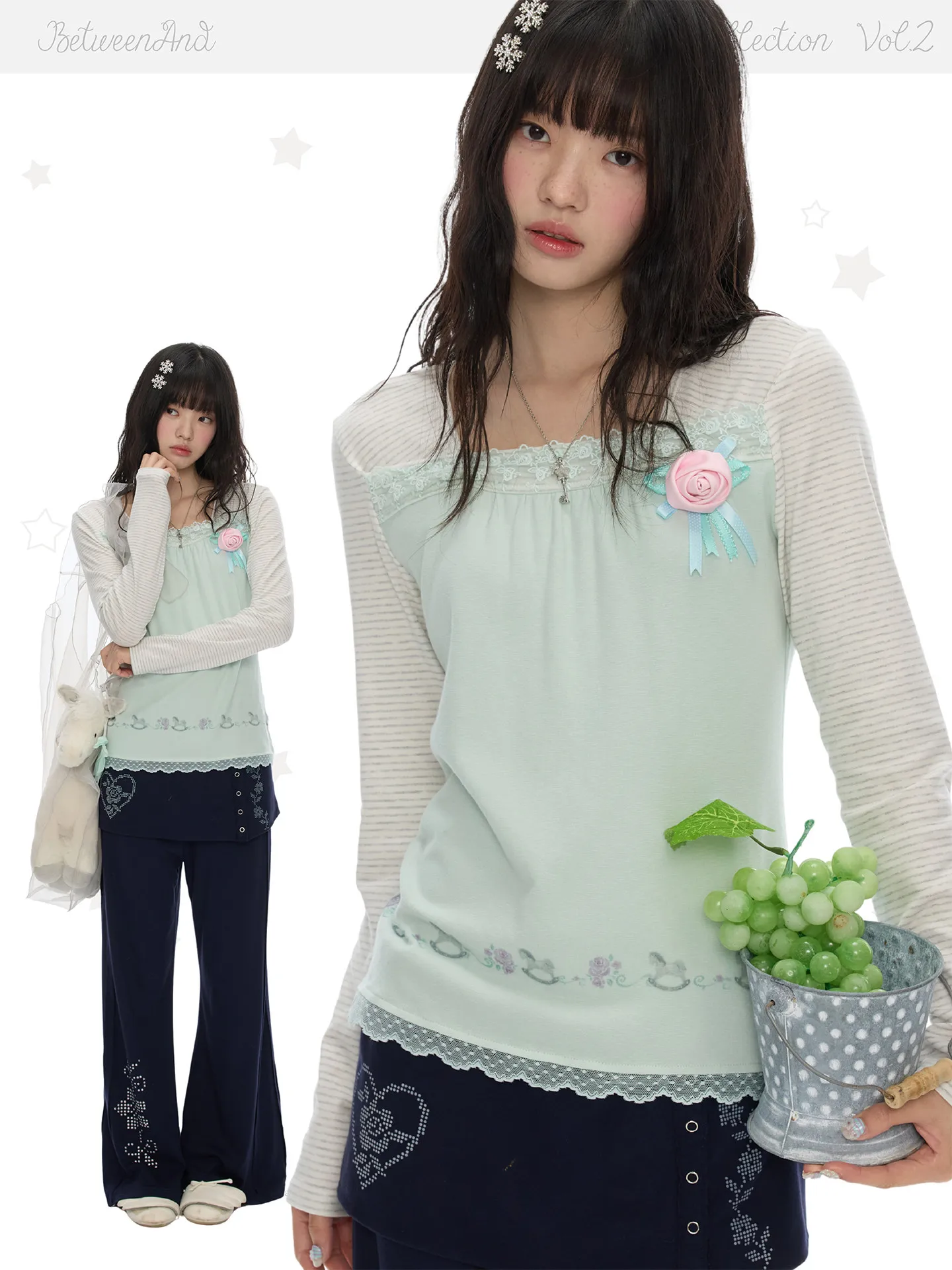 Autumn Gentle Two-Color Square Neck Striped Splicing Lace Top T Long Sleeve