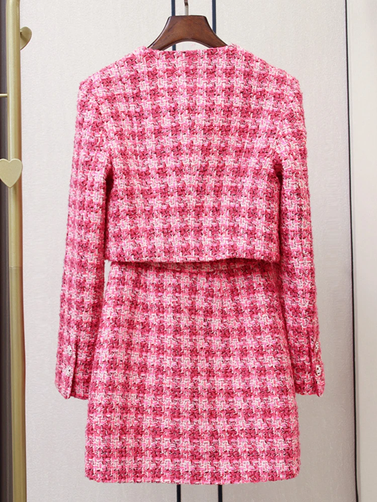 Fashion Ladies Pink Tweed Suit Women\'s 2023 Autumn Winter High Quality Blazer Coat+A-Line Skirt Elegant Commuting Two-Piece Set