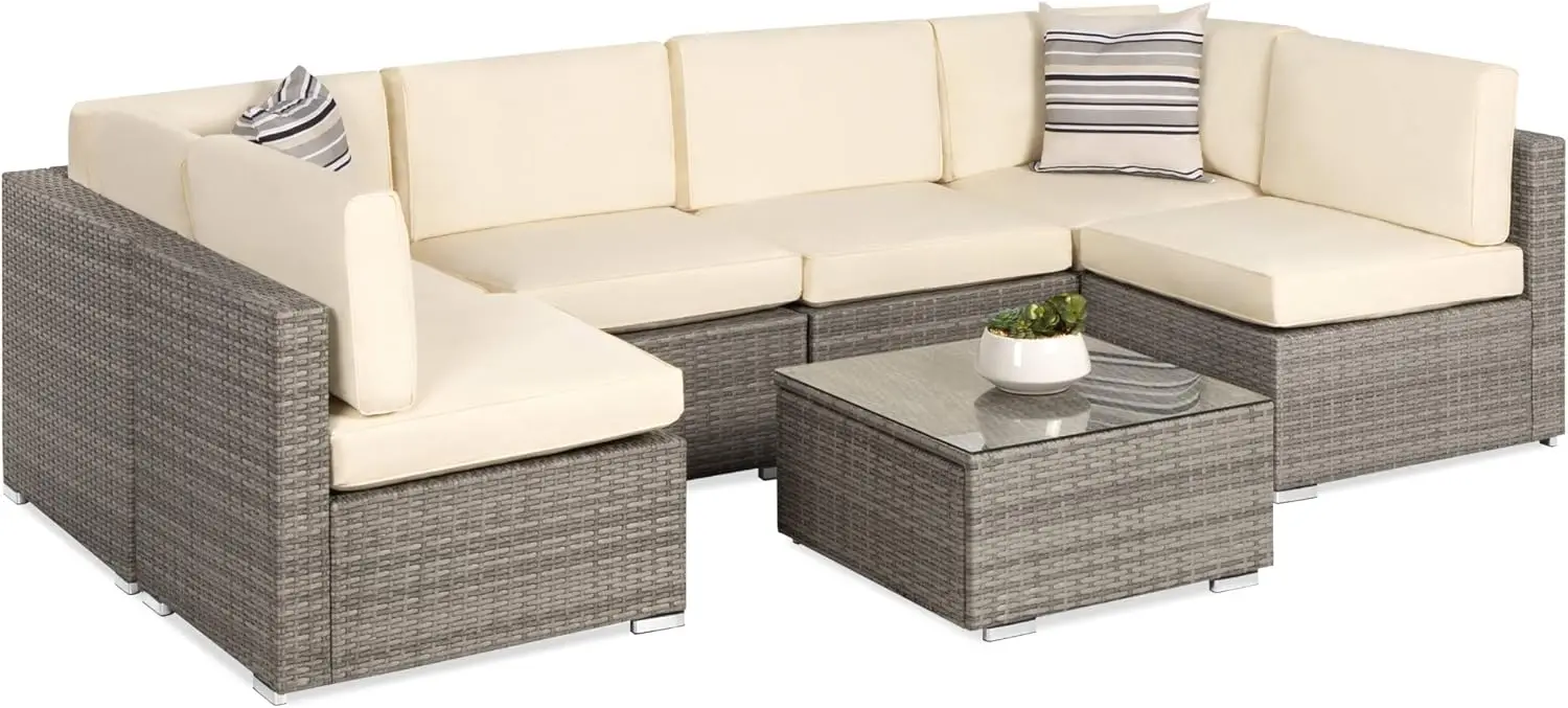 Juego Modular de mimbre seccional para exteriores, conjunto de conversación para Patio con 2 almohadas, mesa de centro, cubierta incluida, gris/crema, 7 piezas