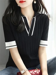 Summer new contrasting color short sleeved T-shirt for women's casual versatile polo collar knit sweater for women's top 8506