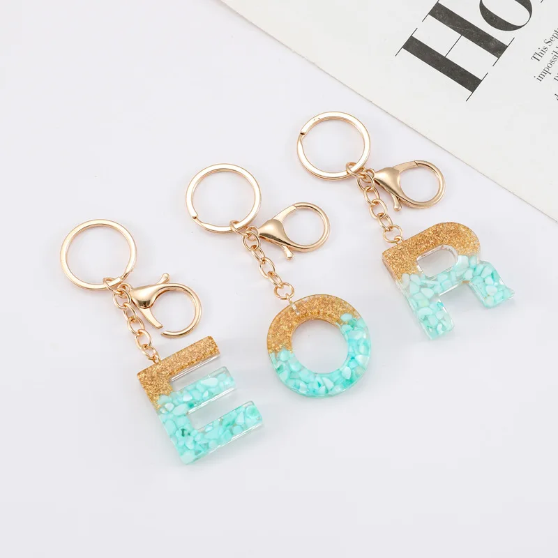 New Versatile Green Stone Resin Keychain With 26 English Letters Pendant And Small Gift Wholesale