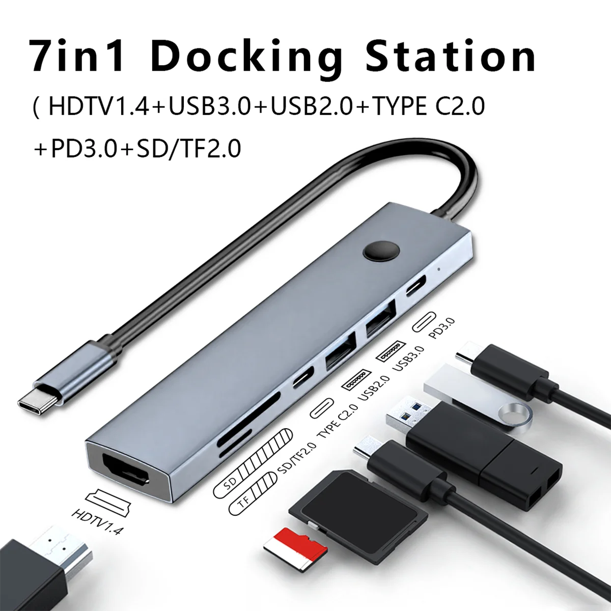 Adattatore multiporta da USB-C a HDMI Hub 7 in 1 con schermo a un clic pulsante On Off supporto 4K HD.USB3.0/2.0,SD/TF2.0 per Mac Pro/Air