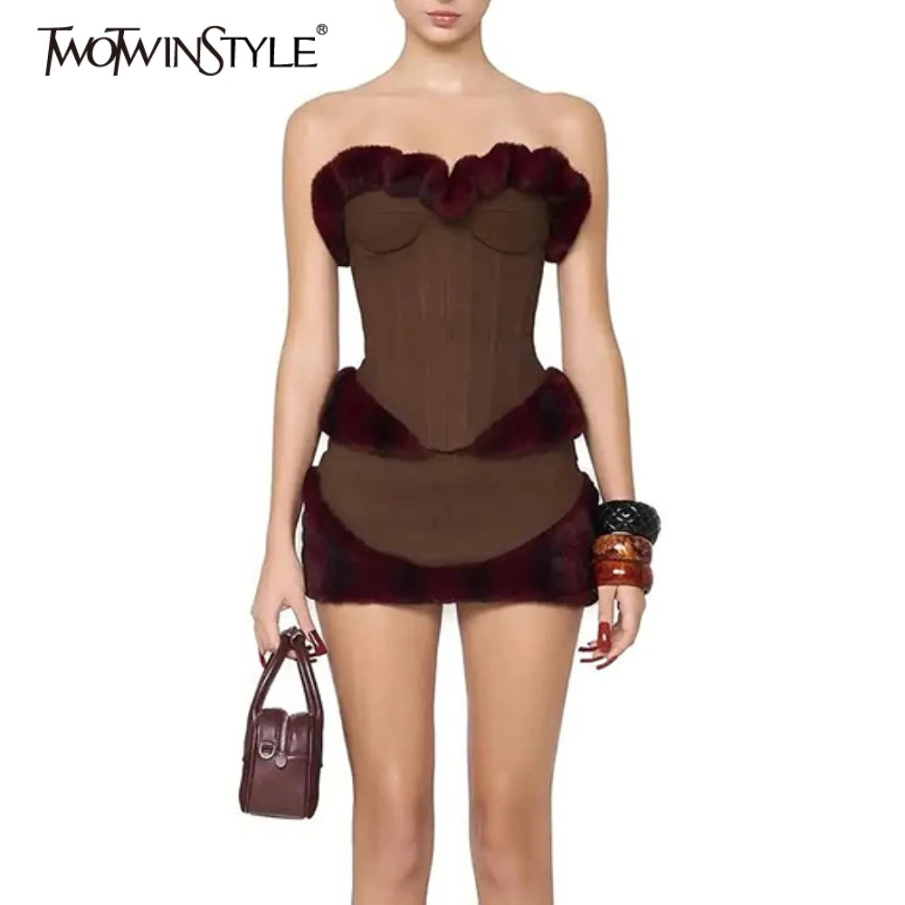 

TWOTWINSTYLE Solid Slimming Two Piece Sets for Women Strapless Sleeveless Spliced Fur Top High Waist Mini Skirt Female Clothing