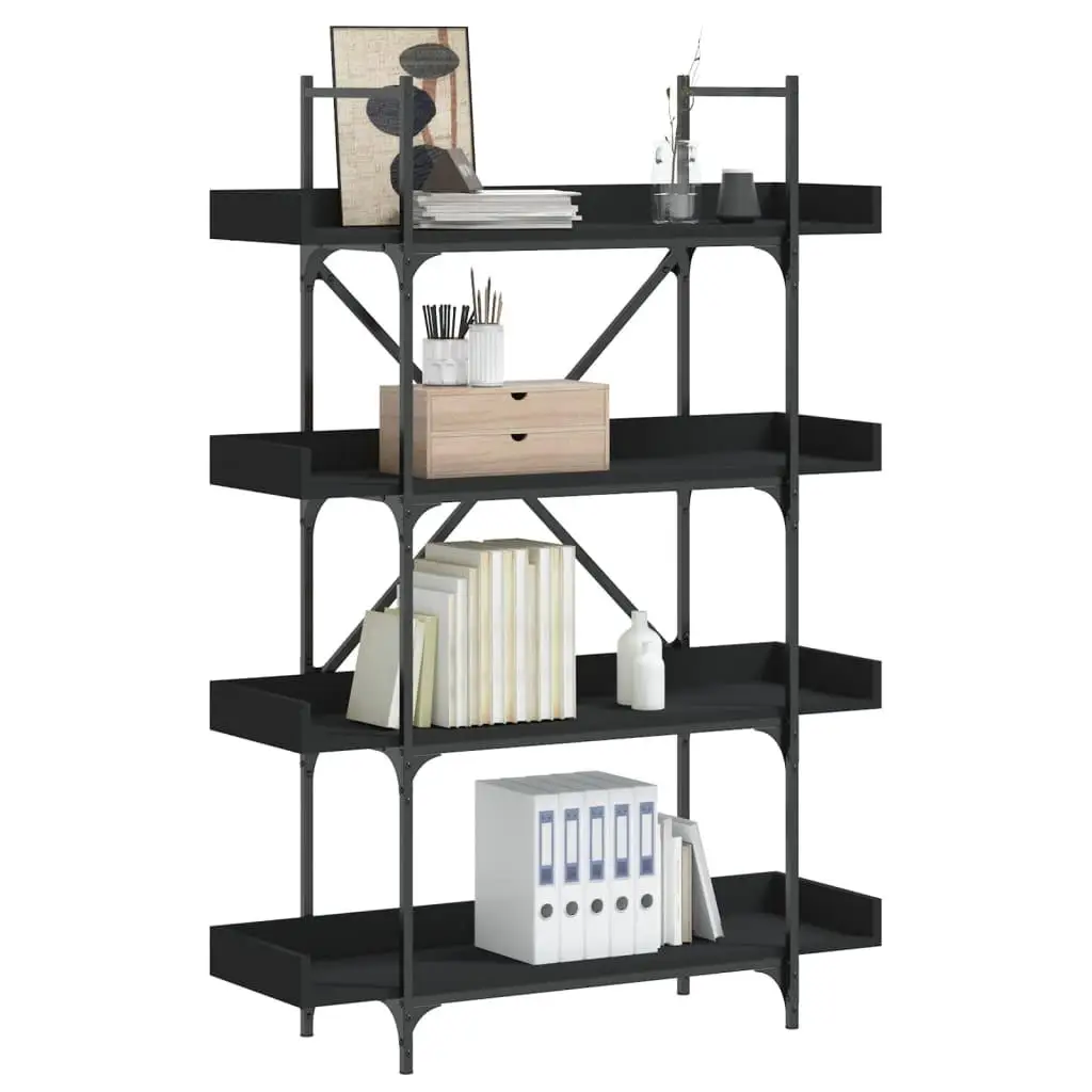 4-Tier Black Bookcase, Engineered Wood Storage Shelf, 39.4 x 13 x 57.3, Modern Display Cabinet