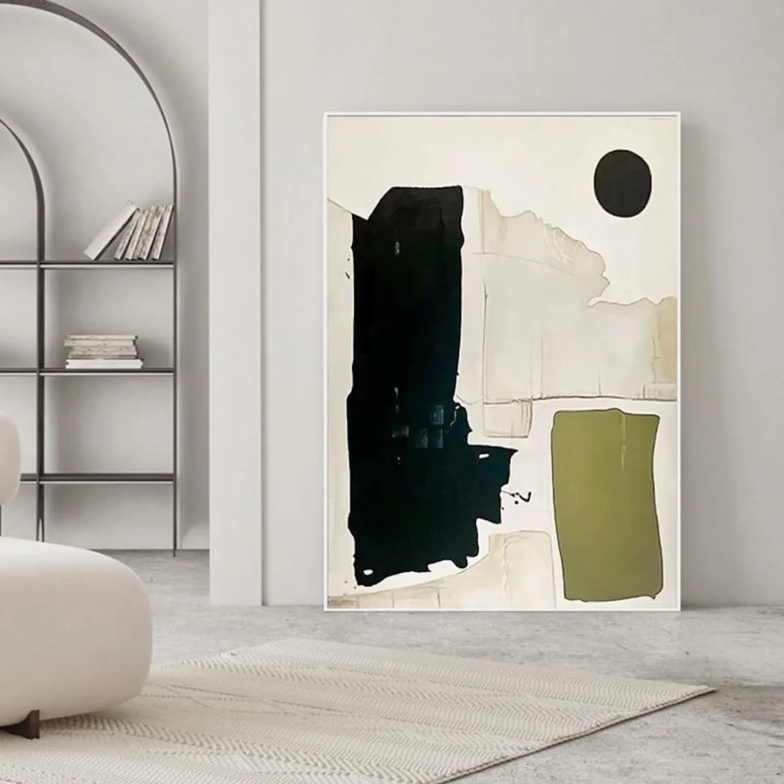 Large Green Black Abstract Art White Simple Textured Painting Neutral Minimalist Handmade Painting Canvas Art Apartment Wall Art