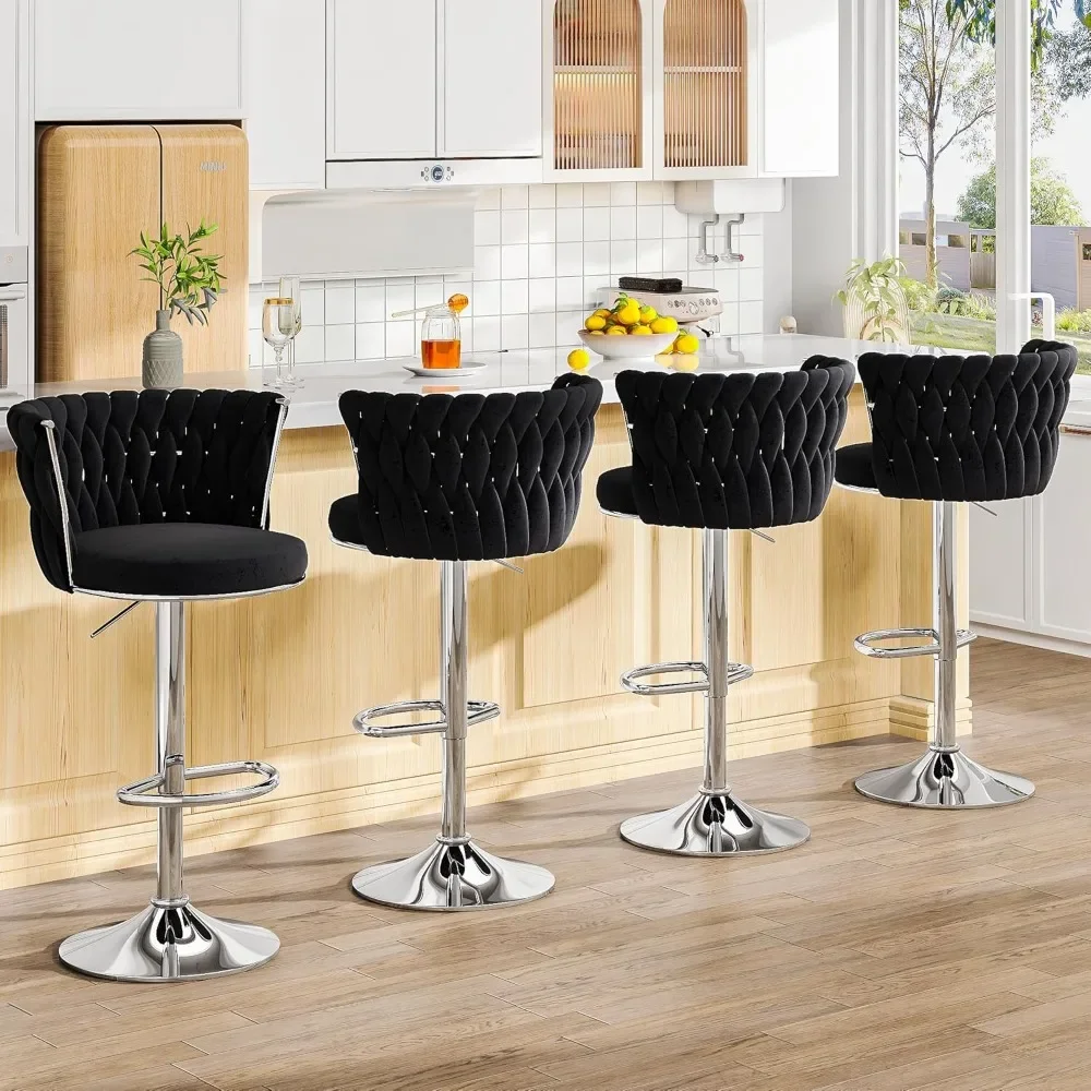 

Black Bar Stools Set of 4,Modern Swivel Bar Chairs Velvet Counter Height Bar Stools with High Back & Footrest,