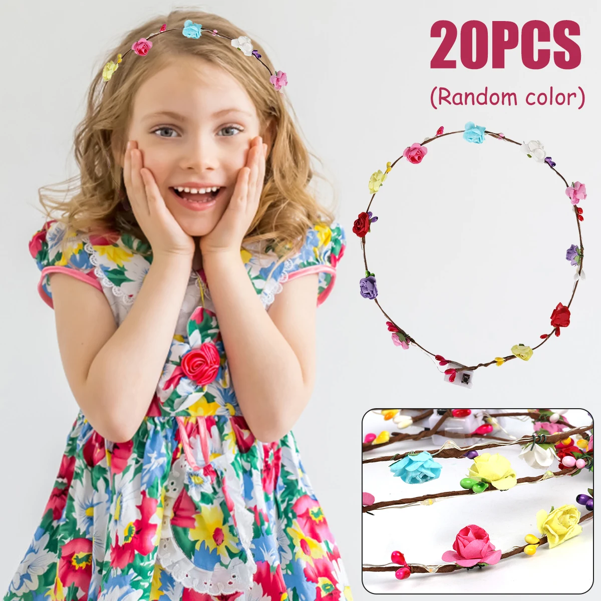 20Pcs LED Flower Crown LED Flower Headband Multicolor Light Up Flower Hair Garland LED Flower Wreath Battery Operated Floral