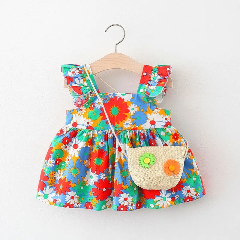 Girls' New Summer Small Flying Sleeve Flower Print Dress Children's Small Square Neck Casual Princess Dress+Small Bag