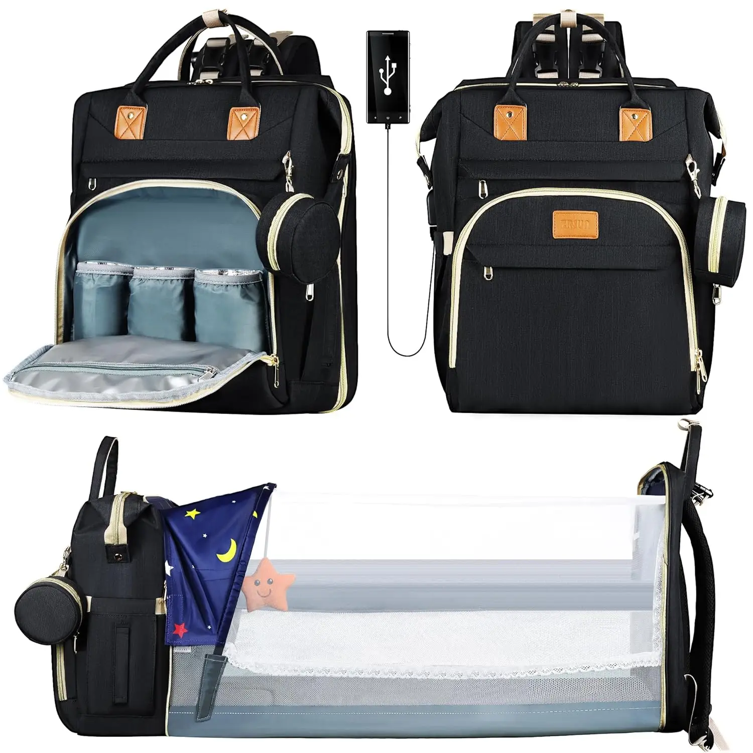 

Большой водонепроницаемый рюкзак для подгузников с USB-портом, складная дорожная сумка для родителей, черный