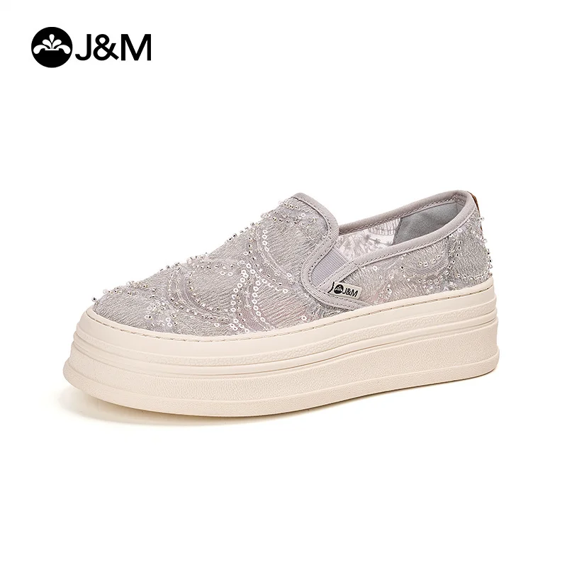 J&M Casual Shoes Women Loafers 5cm Platform Lady Lace Mesh Breathable Spring Summer Slip-on Shoes White Walking Sports Sneakers