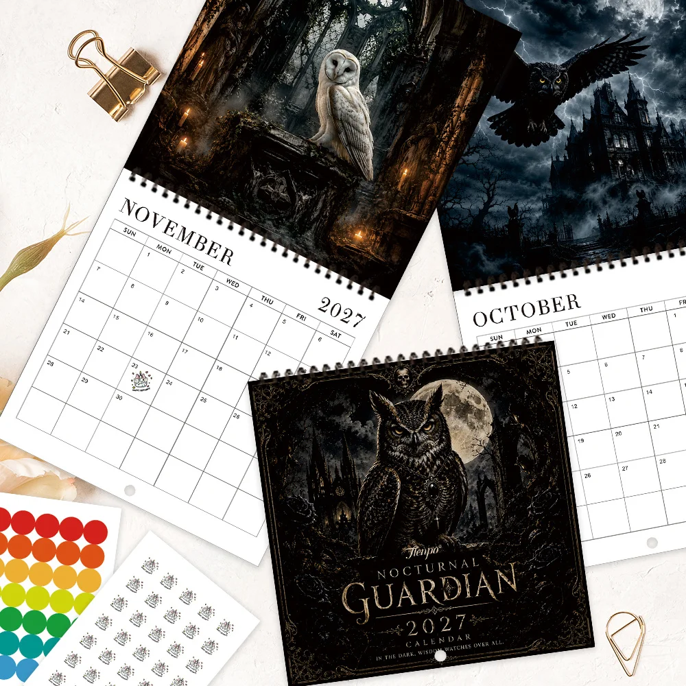 1pc 2027 Dark Castle Owl Thorn Wall Calendar,12‑Month Planner,Gift For Back‑to‑School,Christmas,New Year,Free Stickers Included